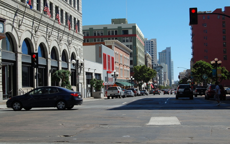 mode of transportation, buildings, outdoors, day, california, urban Scene, sedan, cityscape, incidental people, city Life, built Structure, san diego, motor vehicle