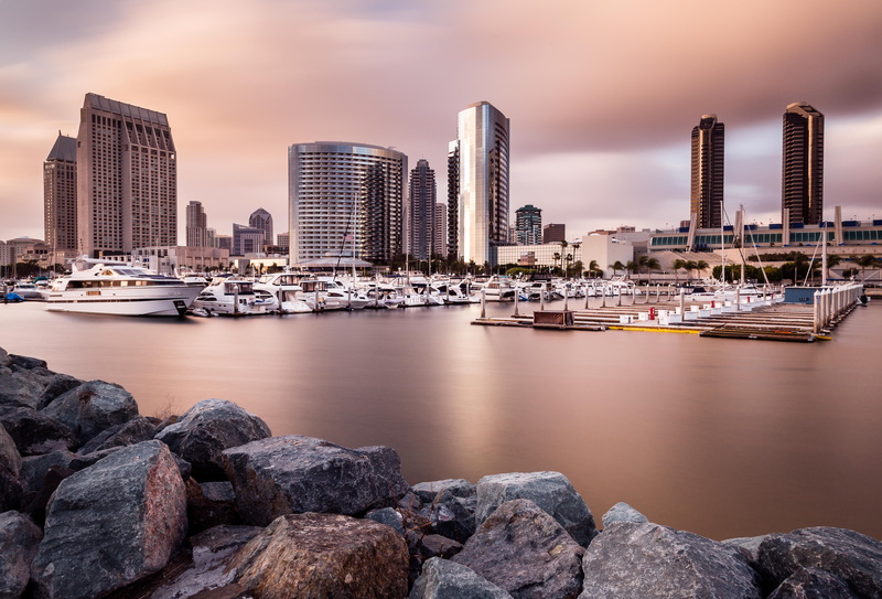 nautical Vessel, building, travel, sea, white, boat, urban Skyline, sunset, marina, harbor, concrete, Downtown San Diego, 5K, skyline, architecture, waterfront  city