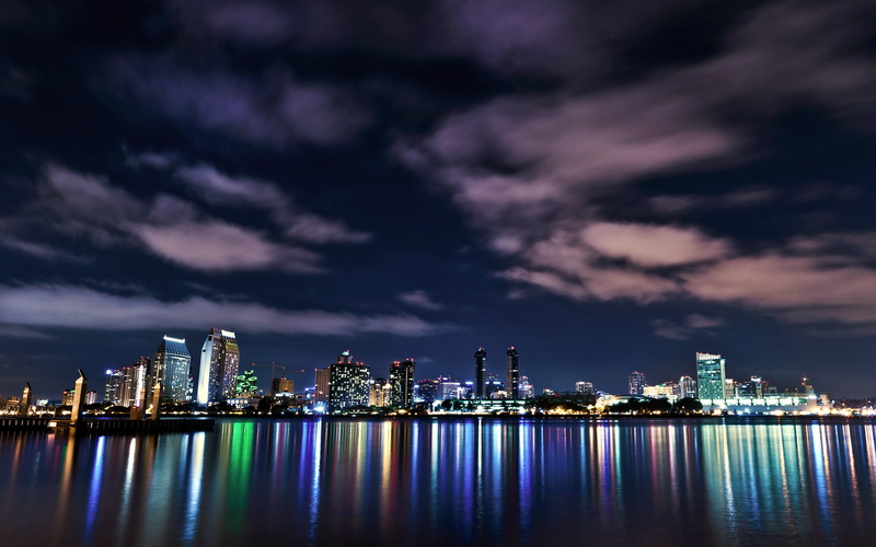 skyscrapers, USA, the ocean, clouds, backlight, 2K, downtown, San Diego, night, reflection, California, buildings, lights, ocean, building, sky, the sky