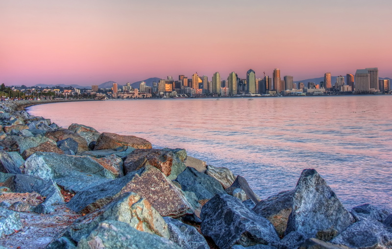 Evening, architecture, sea, Sunset, high, near, water, 2K, rise, high rise buildings, Bay, waterfront, buildings, cityscape, skyline, body of water, shoreline