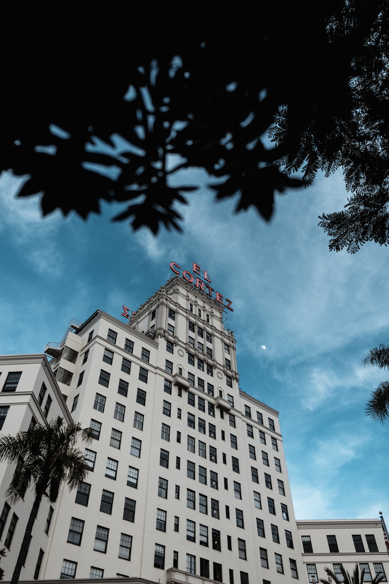 location, tree, building, palm trees, united states, built structure, building exterior, no people, day, growth, el cortez san diego, window, apartment building