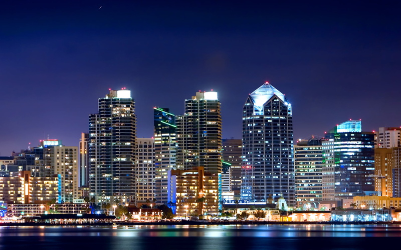 river, urban Skyline, skyscrapers, waterfront, sunset, landscape, San Diego, financial District, dark, uSA, tower, illuminated, city Life, harbor, city