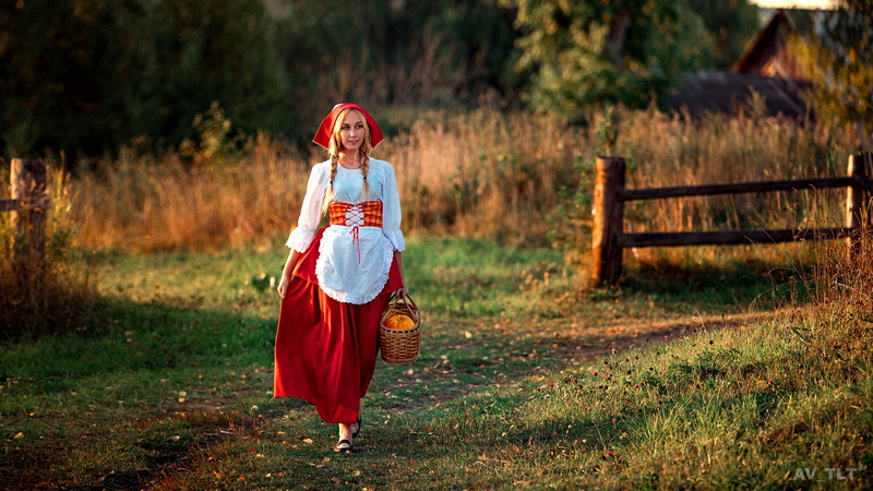 costume, grass, portrait, clothing, braids, smiling, looking away, one person, blonde, depth of field, model, women outdoors, evil, tree, standing, outdoors