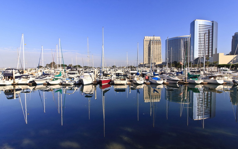 europe, building exterior, usa, waterfront, mast, blue, san - diego, reflection, outdoors, harbor, no people, color Image, sailing, sailboat, nautical Vessel