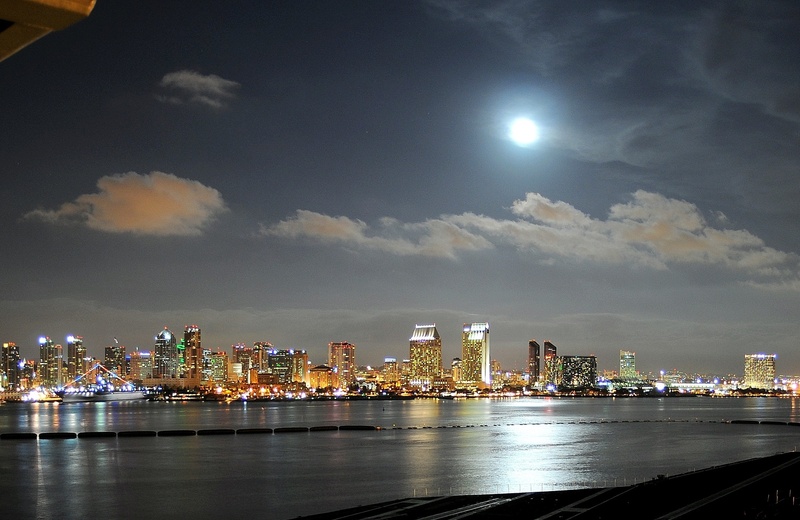 full moon, person, urban skyline, reflection, san diego bay, night, skyscraper, building, office building exterior, buildings, architecture, building exterior