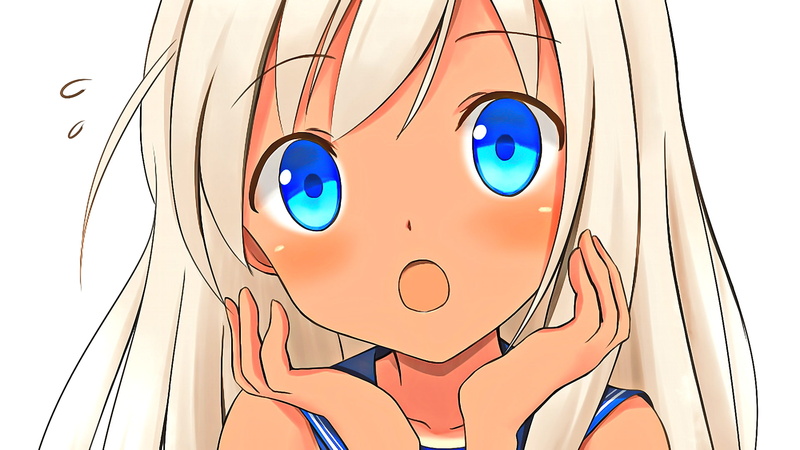 open mouth, looking at viewer, anime girls, blonde, long hair, anime, white background, 1080P, Ro-500 (KanColle), blue eyes, Kantai Collection