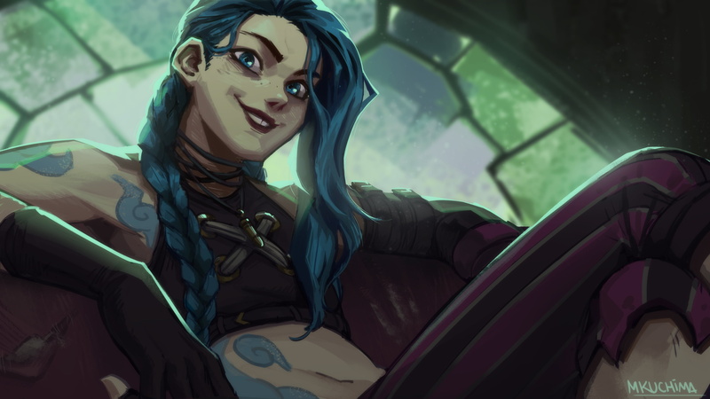 artwork, digital art, Riot Games, smile, women, fan art, Jinx (League of Legends), MKUCHIMA, smiling, tattoo, Arcane, video games girls, illustration, 4K