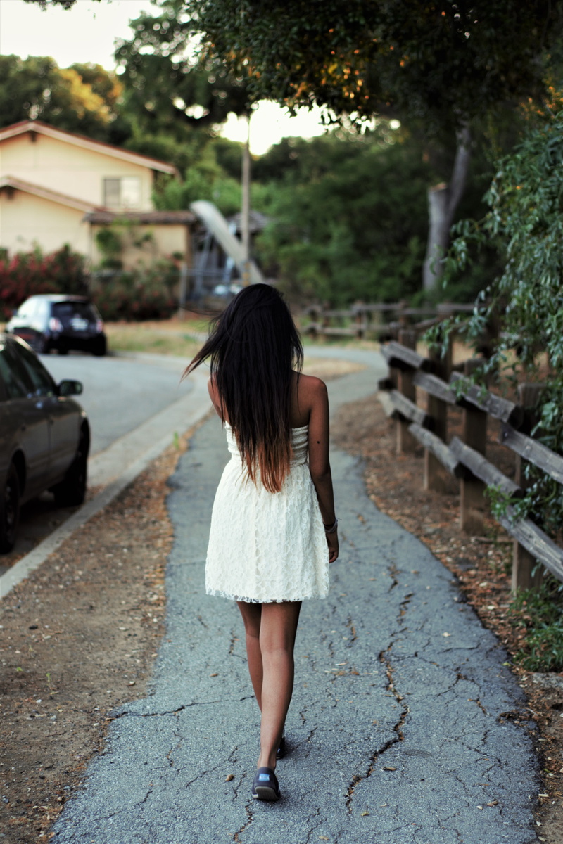 united states, tree, cupertino, rear view, long hair, black, 7 springs lane, white, brown, walking, woman, trees, nature, dress, lifestyles, leisure activity