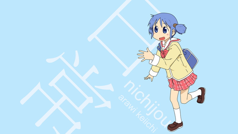 women, girls, 4K, Nichijou, anime, kanji, blue hair, colored background, females, Naganohara Mio, child, childhood, artwork, men, one person, adult, white skin
