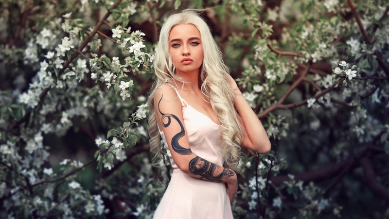 1080P, Blossom, White Dress, Tattoo, White Hair, Woman, Long Hair, Women, Blue Eyes, Girl, Model