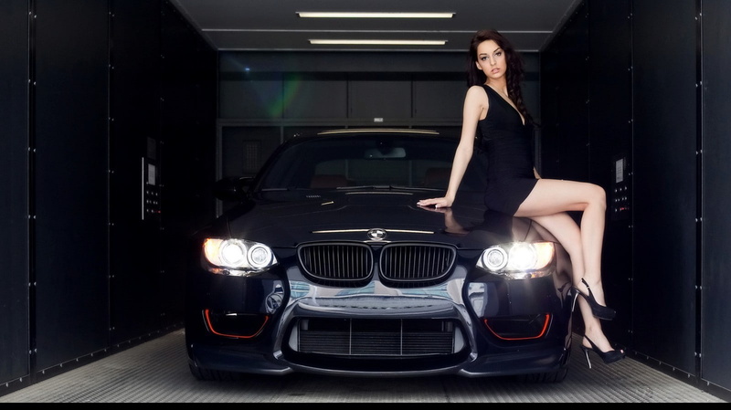 BMW, women, short skirt, woman in black, brunette, 720P, Braided hair