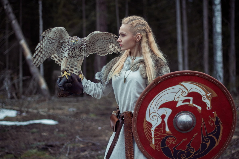 adult, Darya Lefler, model, portrait, animals, land, shield, mammal, hairstyle, birds, 1080P, fantasy girl, forest, eagle, cosplay, depth of field, blond hair
