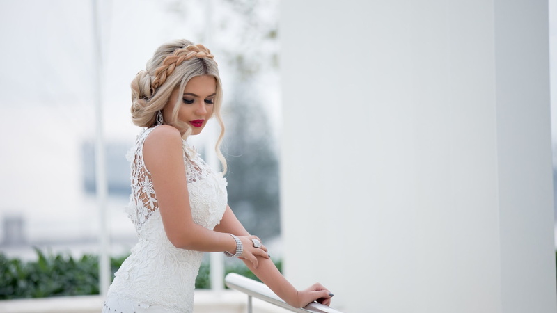 fashion, young adult, wedding, depth of field, women outdoors, wall, newlywed, celebration, red lipstick, women, blonde, white dress, long hair, beauty