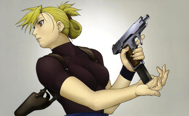 Riza, hair, Anime, character, hairstyle, adult, Hawkeye, Alchemist, Fullmetal, beauty, fashion, beautiful woman, weapon, women, holding, beautiful people