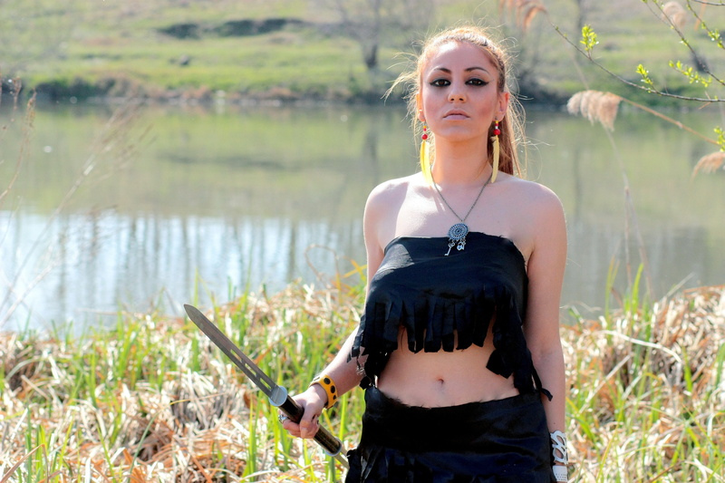 young women, nature, blonde, three quarter length, top, blond hair, plant, black, skirt, lake, women, warrior, beauty, day, hair, woman, beautiful woman