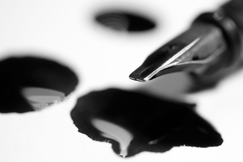 fountain pen, high angle view, paper, filler, inkblot, selective focus, indoors, school, ink, pen, fountain pens, handwritten, letters, white background