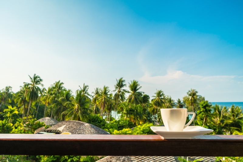 shore, Cup, beach, good morning, balcony, sea, morning, tropical, coffee, palms, summer, vacation, paradise, cofee, 5K, palm trees, stay