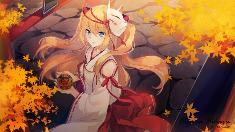 2K, os-tan, anime girls, traditional clothing, miko, Aizawa Hikaru, mask