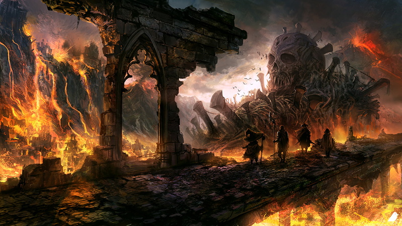720P, Fantasy, Lava, Dark, Skeleton, Ruin, Skull, People, Wizard, Knight