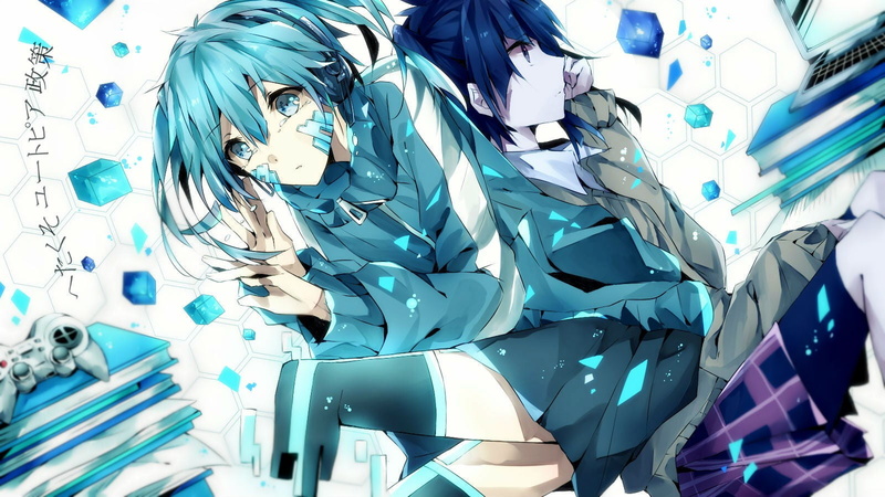representation, technology, anime girls, day, low angle view, indoors, 720P, silver colored, backgrounds, decoration, turquoise colored, table, close-up