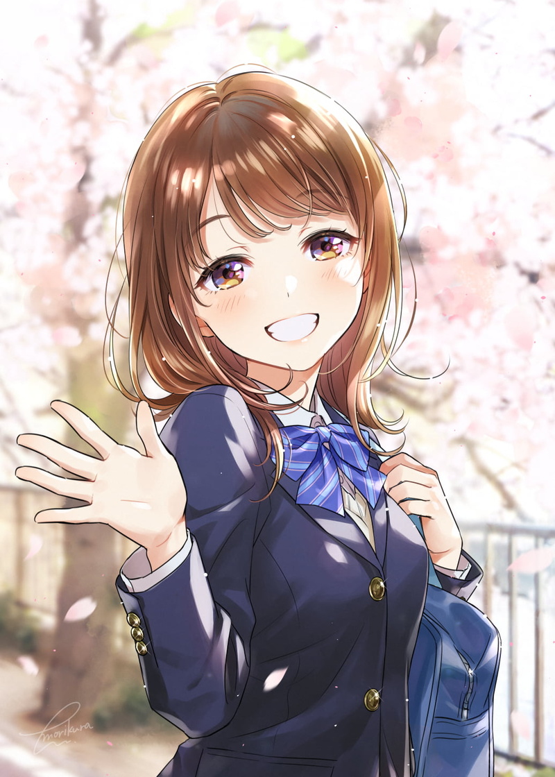 720P, brunette, blushing, digital art, depth of field, happy, anime girls, bow-tie, artwork, drawing, looking at viewer, school uniform, clenched teeth