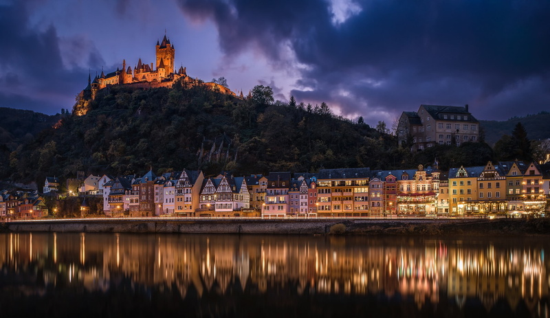 1080P, river, night, castle, the river Moselle, Cochem, Cochem Castle, Rhineland-Palatinate, Moselle River, building, home, Germany, hill