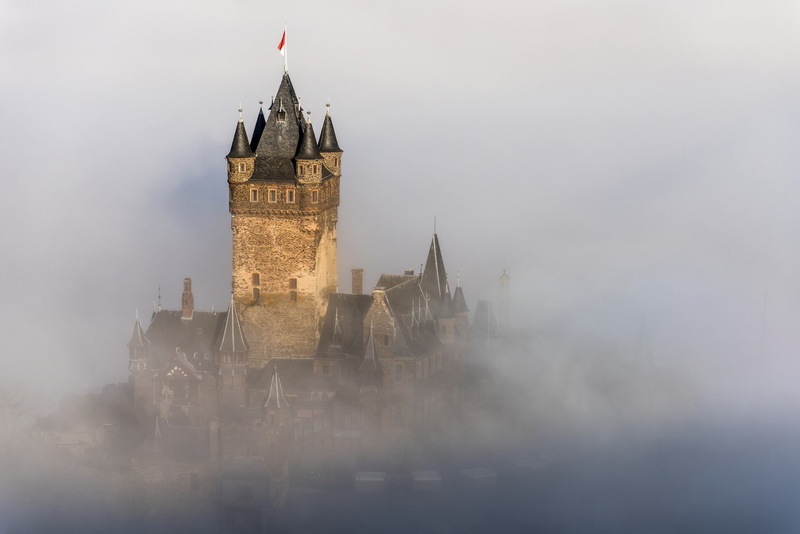 Rhineland-Palatinate, Cochem, haze, fog, 1080P, the city, castle, mist, Germany, Reichsburg Cochem
