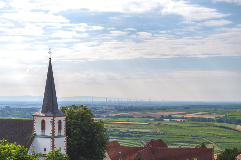 clouds, tower, 5K, religion, valley, urban, windmills, church, landscape, building exterior, outdoors, day, vineyards, environment, plant, germany, city