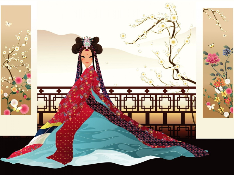 full length, art, fashion, decoration, woman, one person, standing, creativity, 1080P, elegance, lifestyles, dress, tree, plant, pattern, artwork, korean