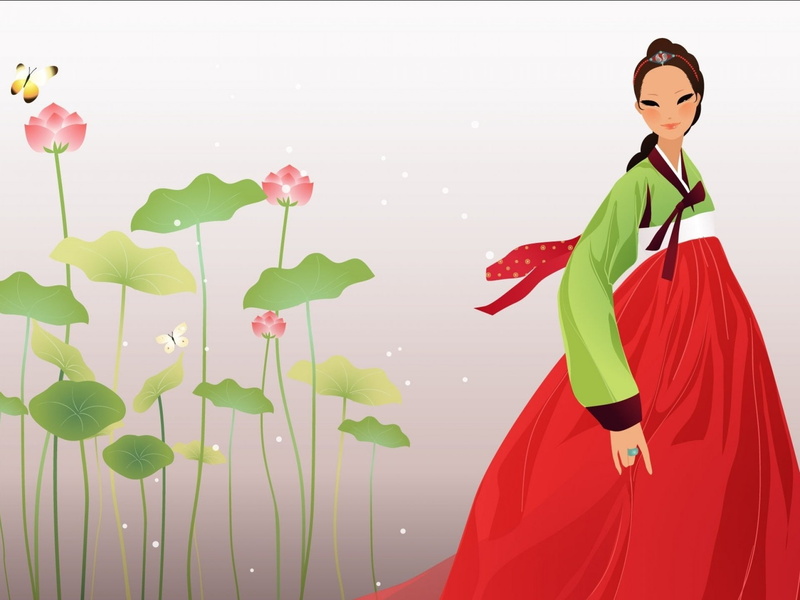 leaf, plant part, three quarter length, looking away, artwork, korean, young adult, holding, Korea, girl, Asian, real people, women, Oriental, Girls, clothing