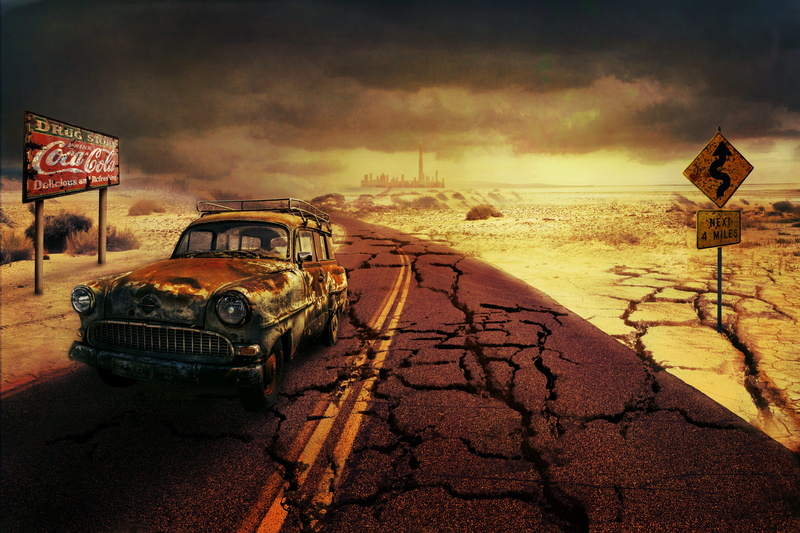 design, desert, 4K, photoshop, no people, sky, sign, road, outdoors, poster, car, nature, desktop, deterioration, arid climate, style, street, abandoned