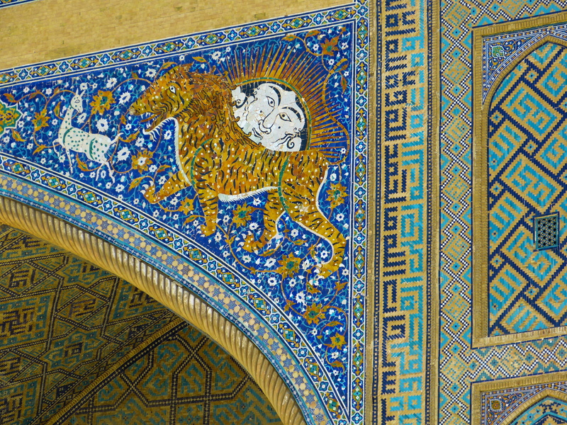 tiger, minaret, architecture, design, Uzbekistan, built structure, flooring, pattern, creativity, lion, indoors, blue, multi colored, backgrounds, architecture and art