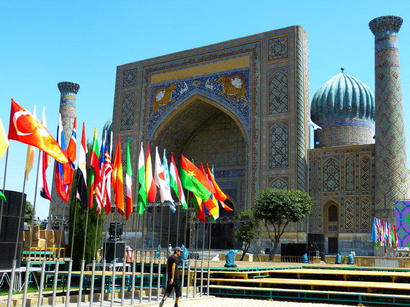 travel destinations, multi colored, travel, samarkand, registan square, uzbekistan, day, majolica, low angle view, nature, ceramic, minaret, lion, sher dor madrassah