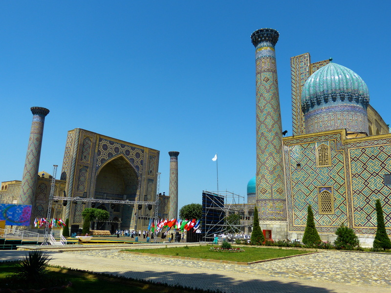 travel destinations, spirituality, registan square, building, sky, building exterior, space, outdoors, ceramic, madrasahs, tile, religion, minaret, history