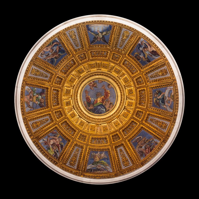 architecture, white, raphael cartoon, cupola, pattern, neoplatonist, ornate, mosaics, blue, indoors, decoration, 2K, art, creation, creativity, luigi da pace