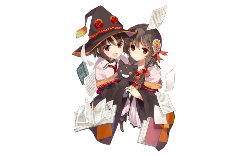 copy space, studio shot, indoors, disguise, white background, halloween, mask, KonoSuba – God’s blessing on this wonderful world!!, costume, Megumin (KonoSuba)