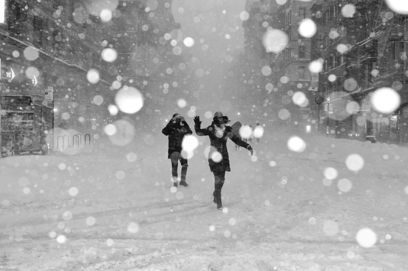 blizzard, snowing, lens flare, extreme weather, two, playing in snow, effects, snow fall, bokeh, street, person, group of people, warm clothing, winter