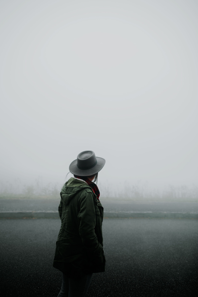 rain, floor, mist, standing, foggy, 5K, covered, person, photo, water, leisure activity, three quarter length, fog, looking at view, sky, one person, copy space