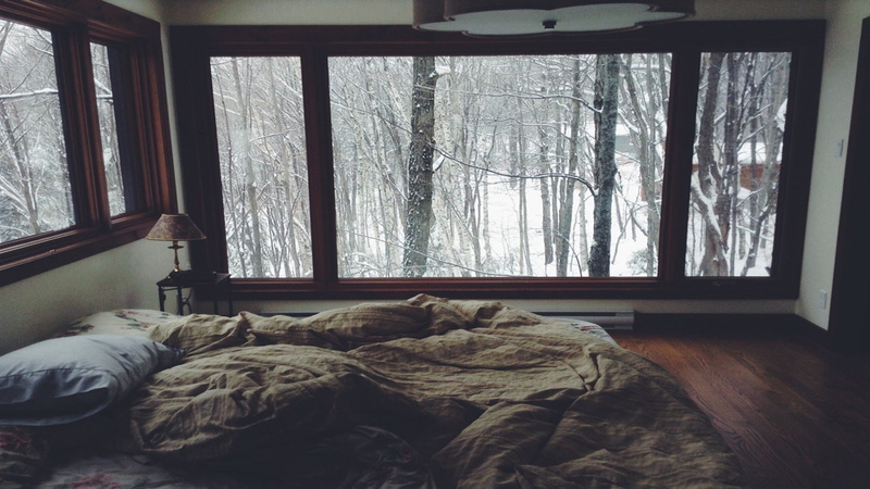 pillow, room, forest, window, trees, 1080P, bed, winter