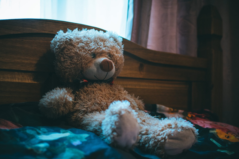 close-up, teddy bear, still life, domestic room, softness, soft, daylight, bear, blanket, curtain, day, wood, toy, leaning, morning, room, home interior