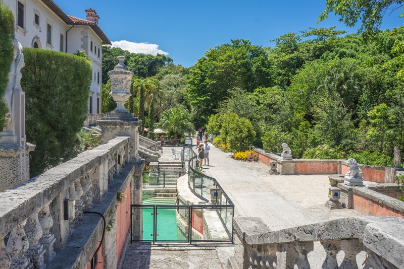 tropical, building exterior, nature, gray, florida, vizcaya, concrete, affluence, mansion, elegance, landscape, pool, museum, architecture, craftsmanship