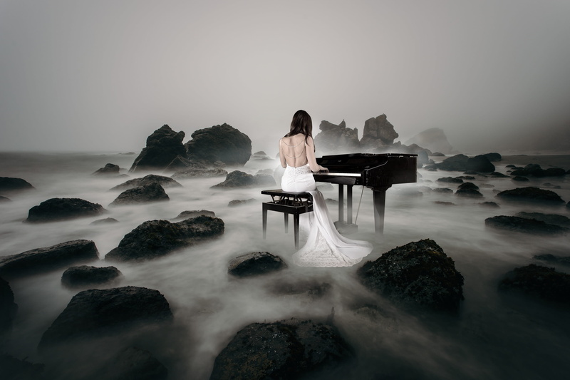 mourning, concert, ocean, piano, fog, sea, rear view, wedding dress, sky, bride, music, melancholy, hairstyle, digital composite, land, loneliness, rock - object