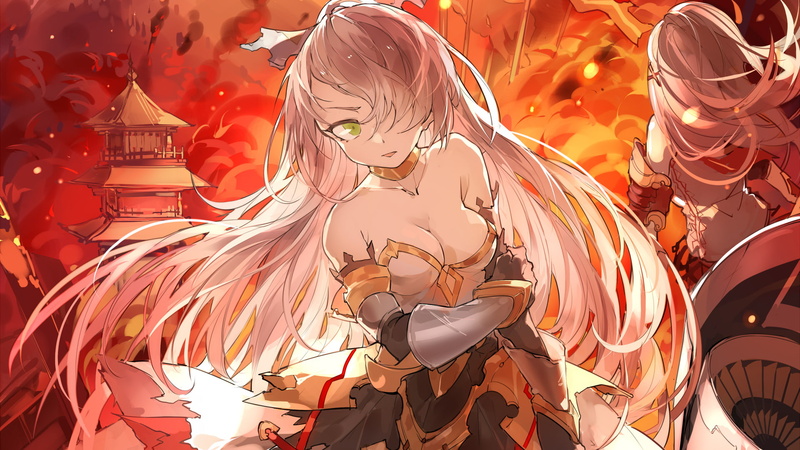 shield, nature, real people, group of people, bird, representation, blonde, illuminated, lifestyles, creativity, red flame, art and craft, anime girls
