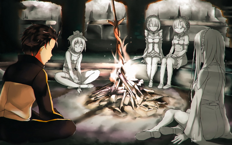 Felt (Re:Zero), Emilia (Re: Zero), Natsuki Subaru, crossover, Dark Souls, Ram (Re: Zero), 2K, Rem (Re: Zero), bonfires, Re:Zero Kara Hajimeru Isekai Seikatsu
