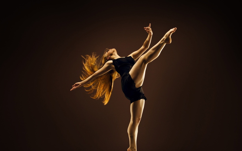 ballet, black background, women, human limb, skill, one person, full length, balance, copy space, arms raised, limb, long hair, 2K, indoors, young adult