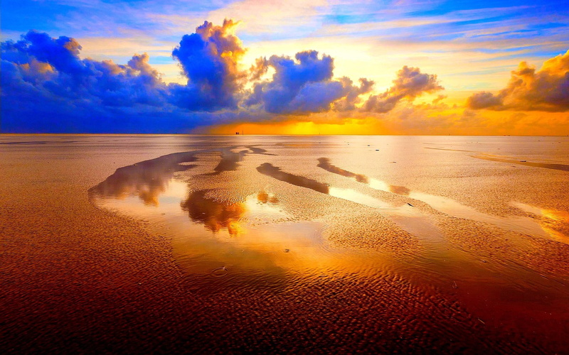1080P, clouds, tide, shore, sea, sunset, beach, 3d and abstract