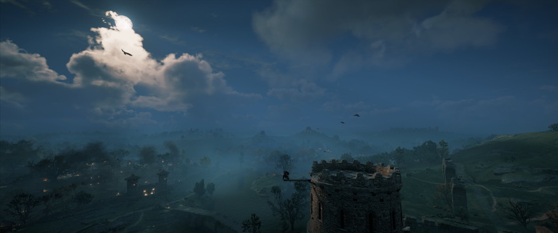structure, blue, Assassins Creed: Valhalla, green, Sun, clouds, landscape, 2K, trees, flag, Assassins Creed, yellow