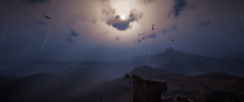 Assassins Creed, trees, structure, Sun, landscape, yellow, blue, clouds, green, 2K, purple, flag, Assassins Creed: Valhalla, pink