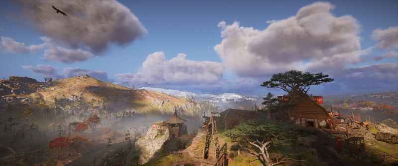 blue, Assassins Creed: Valhalla, Assassins Creed Valhalla, yellow, 2K, landscape, clouds, trees, green, mountains