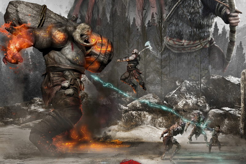 God of War 4, 1080P, forest, monster, fight, warriors